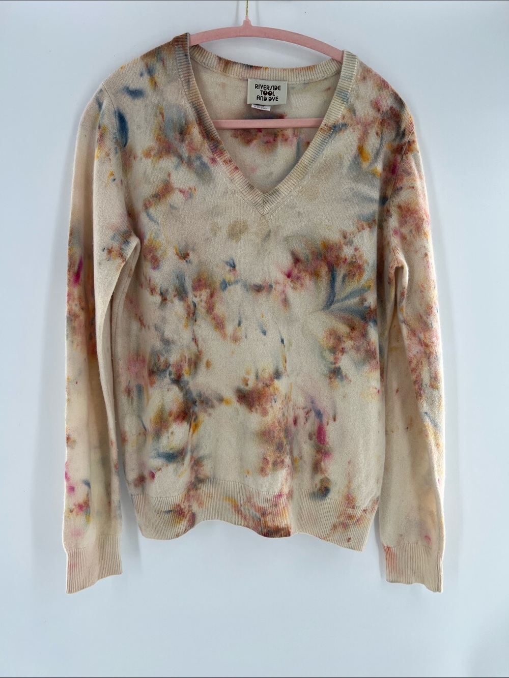 Riverside Tool And Dye Cream V-Neck Sweater Tie-Dye‎ Grunge Artsy Indie Sleeze